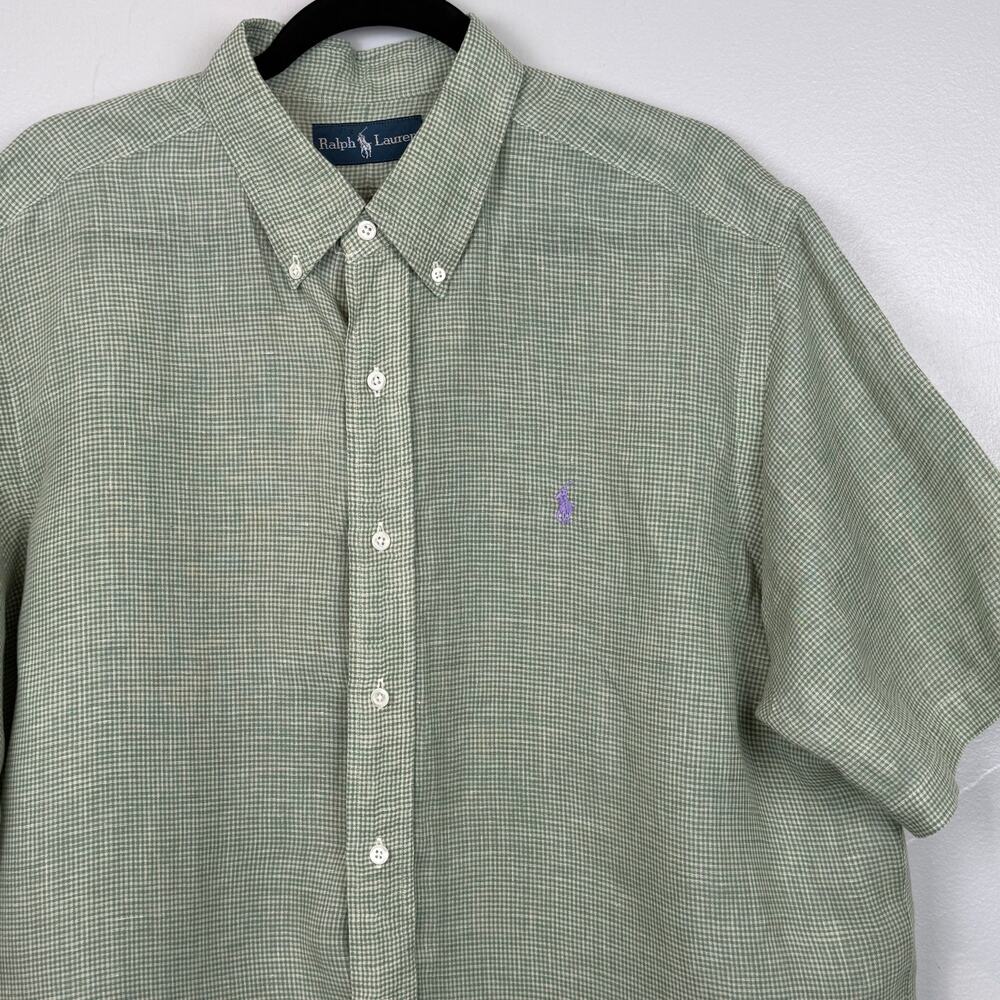 Polo Ralph Lauren Green Gingham Linen Shirt Men's XL Purple Pony